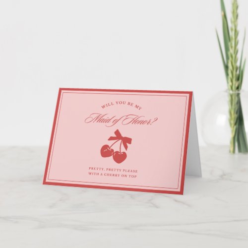 Chic Pink Bow  Cherry Maid of Honor Proposal Card