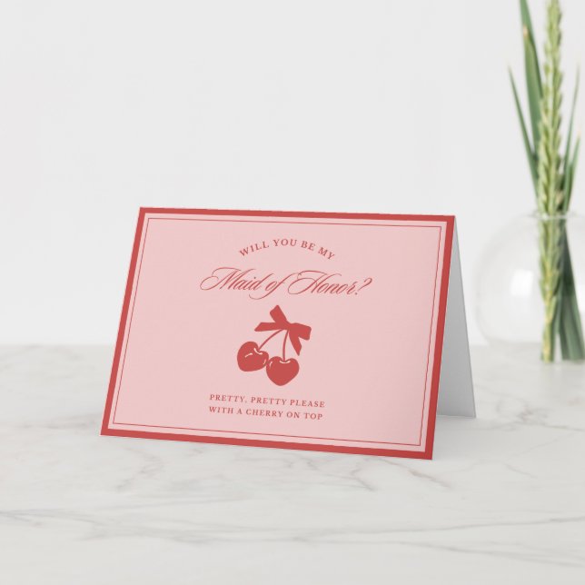 Chic Pink Bow & Cherry Maid of Honor Proposal Card (Front)
