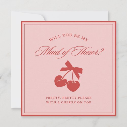 Chic Pink Bow  Cherry Maid of Honor Proposal Card
