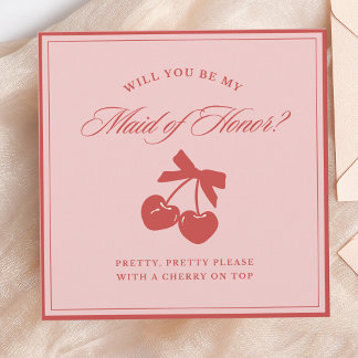 Chic Pink Bow & Cherry Maid of Honor Proposal Card