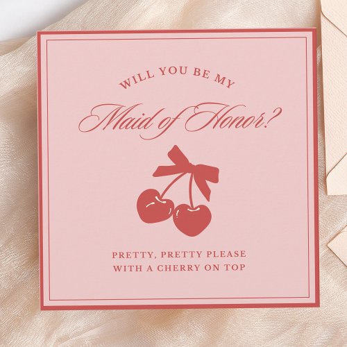 Chic Pink Bow  Cherry Maid of Honor Proposal Card