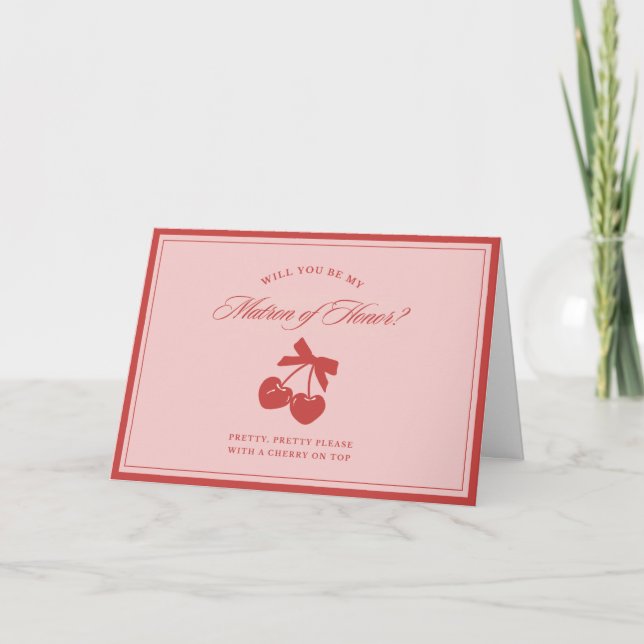 Chic Pink Bow Cherry Matron of Honor Proposal Card (Front)