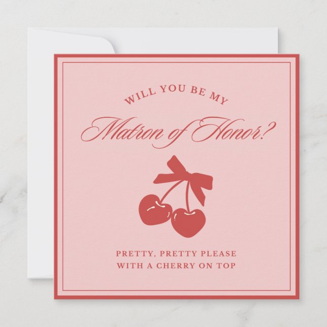 Chic Pink Bow Cherry Matron of Honor Proposal Card (Front)