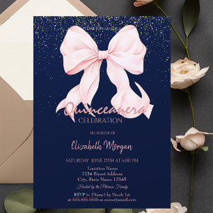 Chic Pink Bow Confetti Navy Blue Quinceañera Invitation