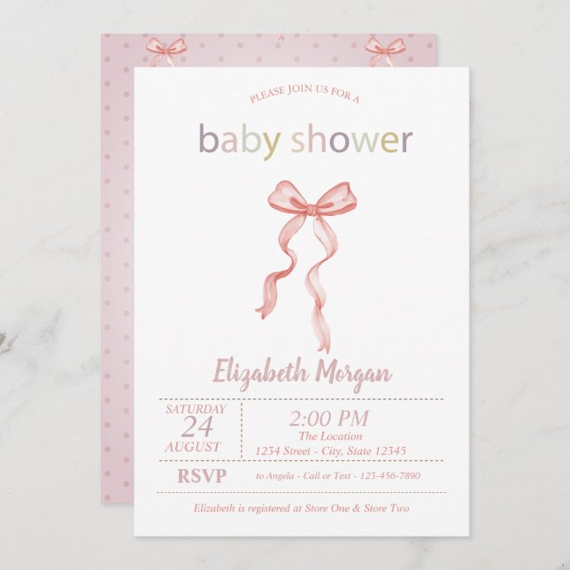 Chic Pink Bow Dotted Baby Shower  Invitation (Front/Back)
