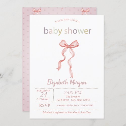 Chic Pink Bow Dotted Baby Shower  Invitation