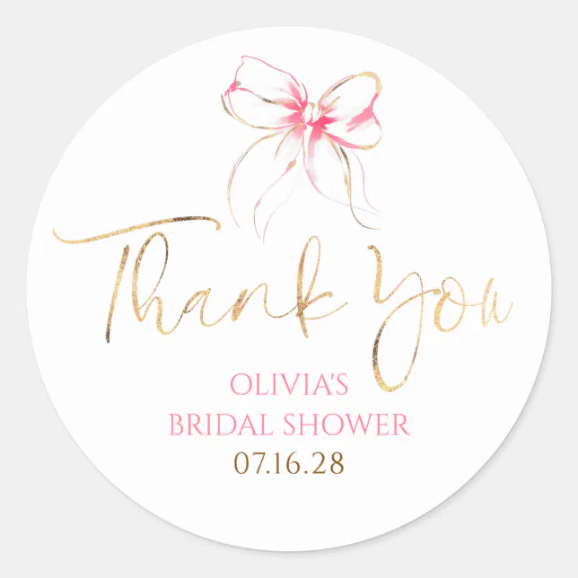Chic Pink Bow Favors Bridal Shower Thank You Classic Round Sticker | Zazzle