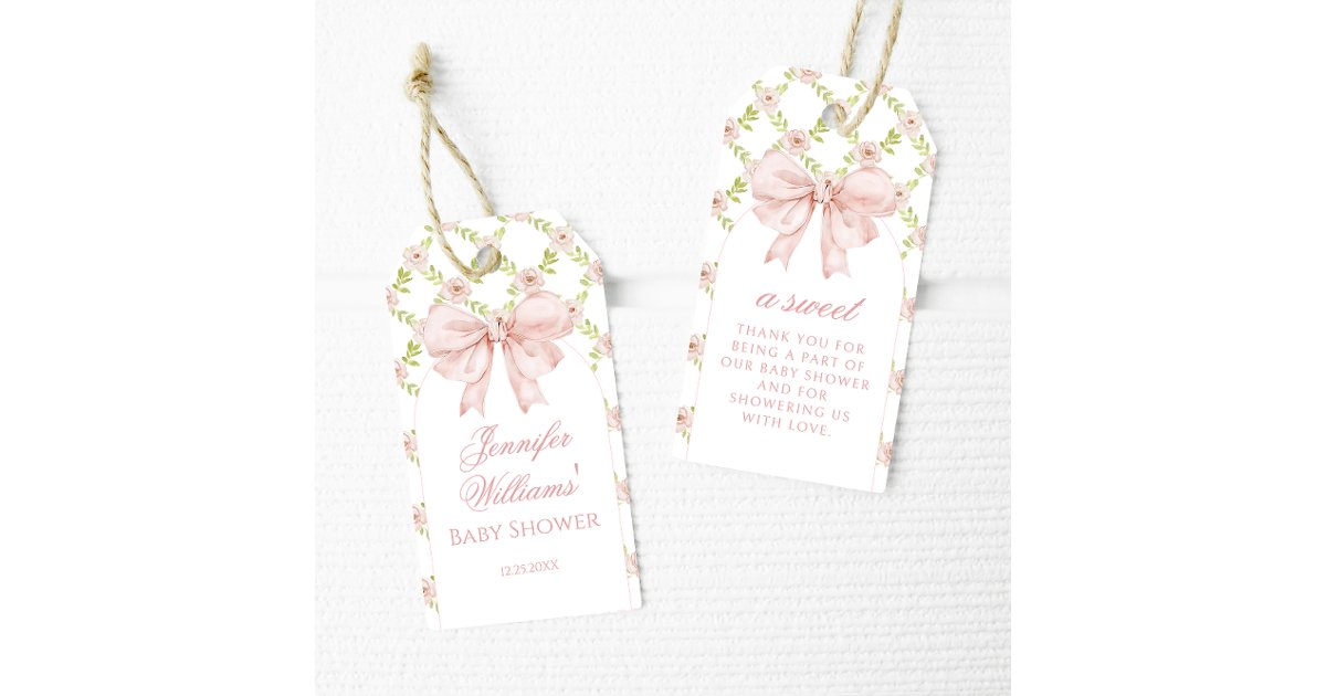 Chic Pink Bow Floral Baby Girl Shower Thank You Gift Tags | Zazzle