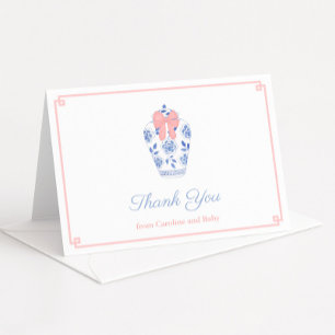 Chic Pink Bow Ginger Jar Baby Shower Personalized Letterpress Thank You Card