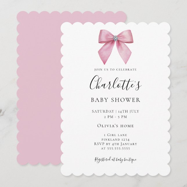 Chic Pink Bow Girl Baby Shower Invitation (Front/Back)