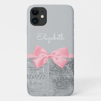 Chic Pink Bow Girly Parisian Ephemera And Name Iphone 11 Case by ohsogirly at Zazzle