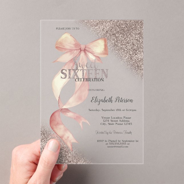 Chic Pink Bow Glitter Rose Gold Sweet 16  Acrylic Invitations (Insitu (Handheld))