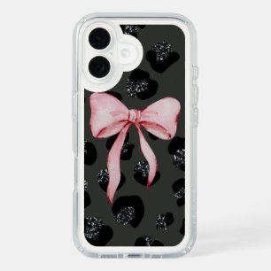 Chic Pink Bow on Black Leopard Print iPhone 16 Cas Case