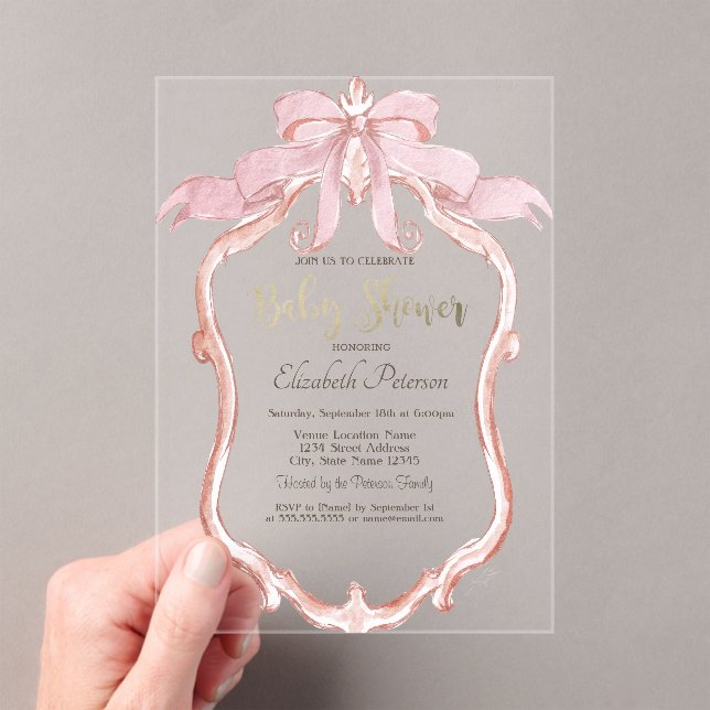 Chic Pink Bow Retro Frame Baby Shower  Acrylic Invitations (Insitu (Handheld))