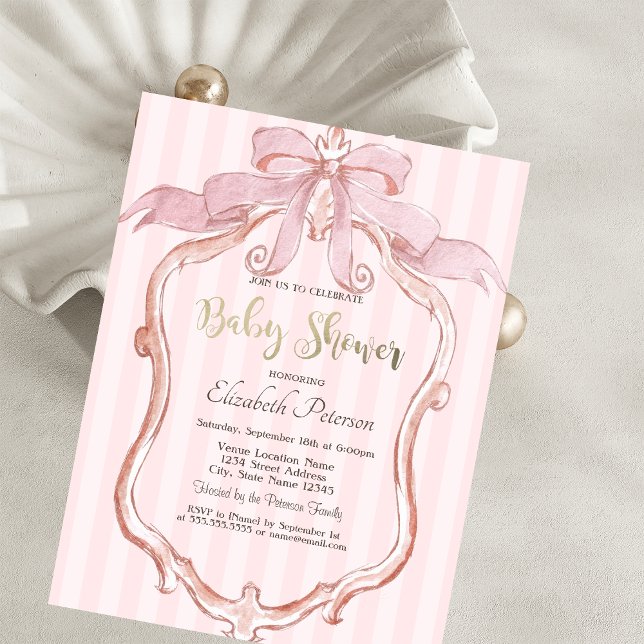 Chic Pink Bow Retro Frame Striped Baby Shower  Invitation (Creator Uploaded)