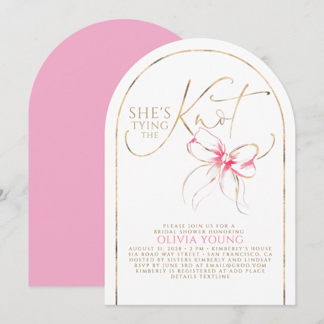 Chic Pink Bow She's Tying The Knot Bridal Shower Invitation (Front/Back)