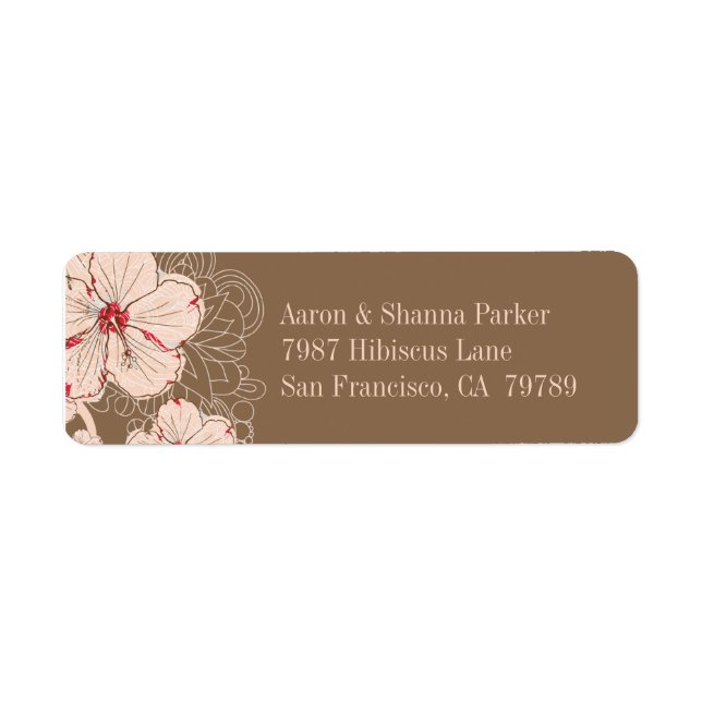 Chic pink brown hibiscus flower wedding address label (Front)