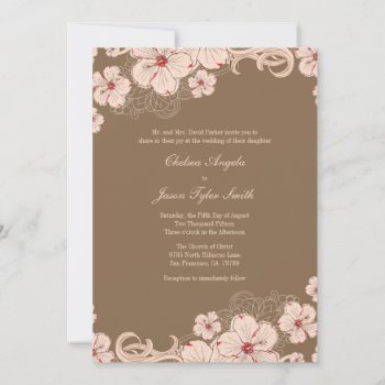 Chic Pink Brown Hibiscus Flower Wedding Invitation by Jamene at Zazzle