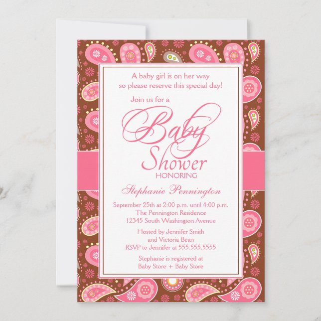 Chic pink + brown paisley baby shower invitation (Front)