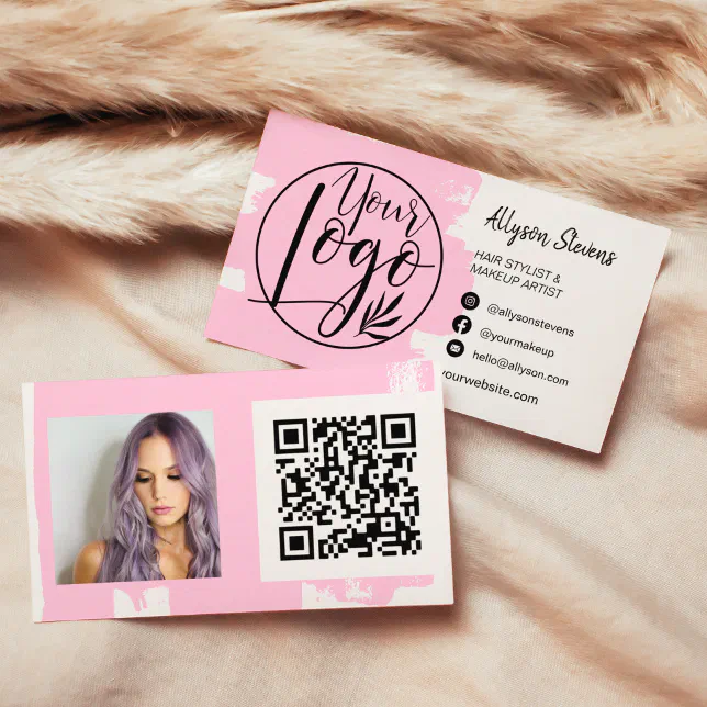 Chic Pink Brush Hair Makeup Photo Logo Qr Code Business Card 