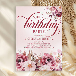Chic Pink Burgundy Floral Glam 50th Birthday Invitation