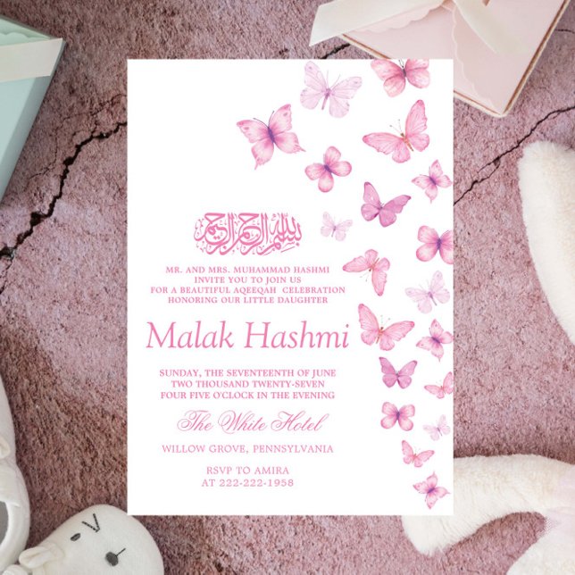 Chic Pink Butterflies Islamic Aqiqa Aqeeqah Invitation (Creator Uploaded)