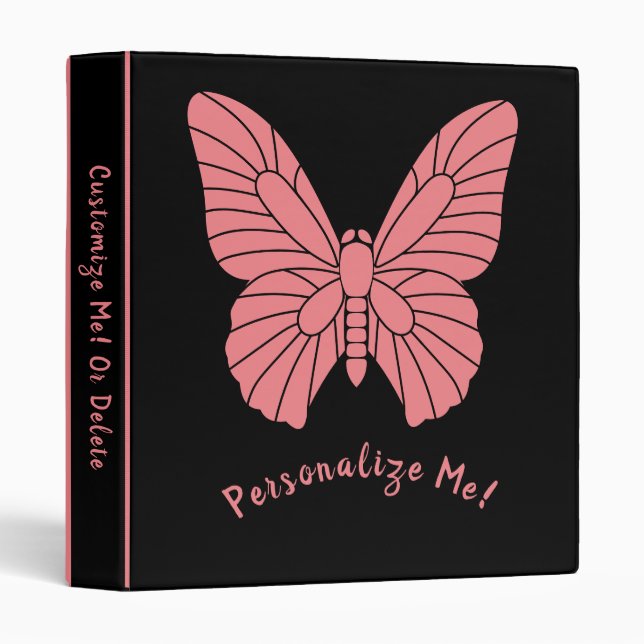 Chic Pink Butterfly on Black Elegant Design 3 Ring Binder (Front/Spine)