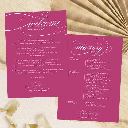 Chic Pink Cassis Wedding Weekend Welcome Itinerary Invitation