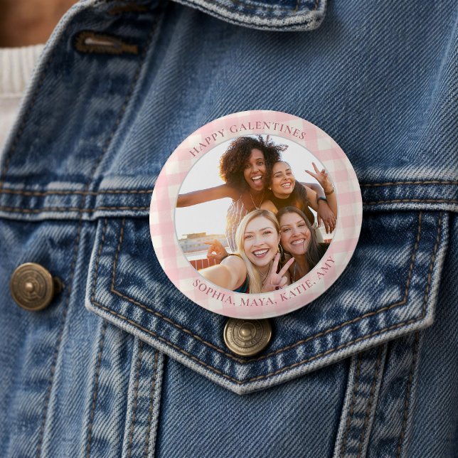 Chic Pink Check Typography Photo Galentine's Day Button (Creator Uploaded)