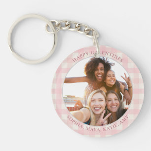Chic Pink Check Typography Photo Galentines Day Keychain