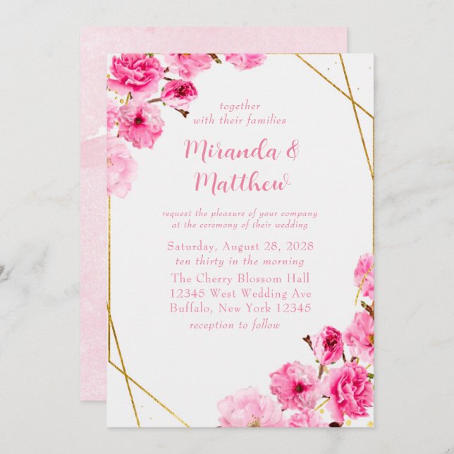 Chic Pink Cherry Blossom Geometric Wedding Invitation (Front/Back)