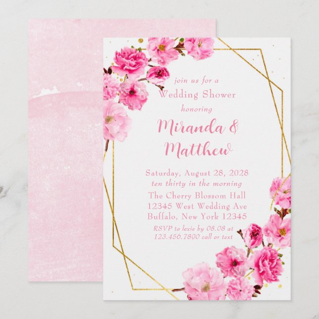 Chic Pink Cherry Blossom Geometric Wedding Shower  Invitation (Front/Back)