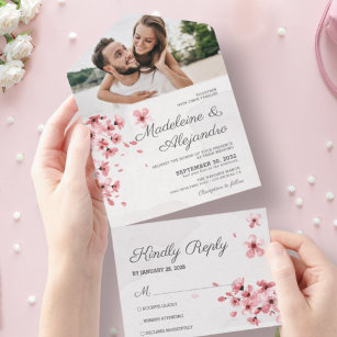 Chic pink cherry blossom romantic floral wedding all in one invitation