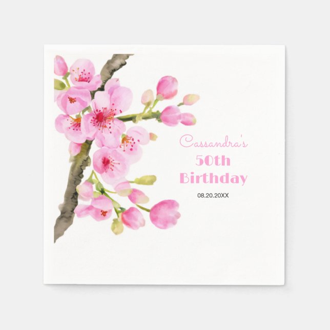 Chic Pink Cherry Blossom Sakura Floral Birthday Napkins (Front)