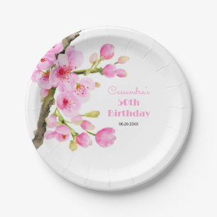 Chic Pink Cherry Blossom Sakura Floral Birthday Paper Plates