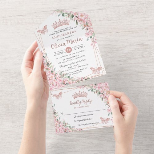 Chic Pink Cherry Blossoms Rose Gold Quinceaera  All In One Invitation