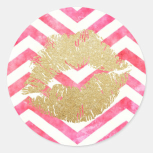 Chic Pink Chevron Gold Lips Valentine's Day Classic Round Sticker