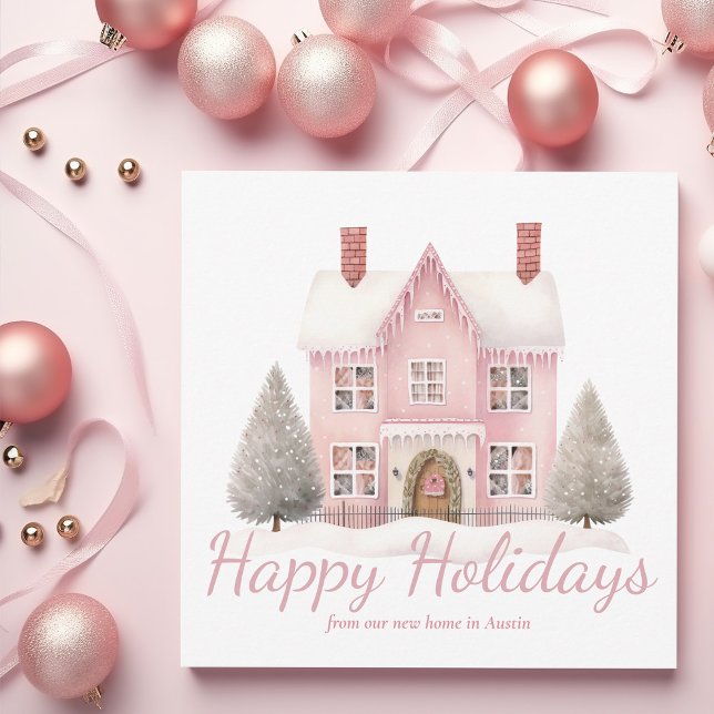 Chic Pink Christmas House Trendy New Home Address Holiday Card (Creator Uploaded)