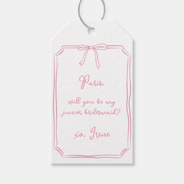 Chic Pink Coquette Bow Junior Bridesmaid Proposal Gift Tags (Front)