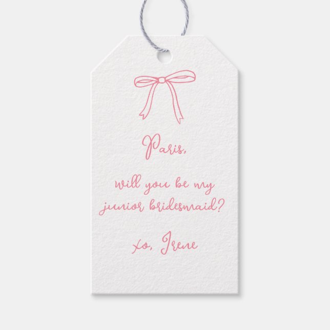 Chic Pink Coquette Bow Junior Bridesmaid Proposal Gift Tags (Front)