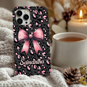 Chic Pink Coquette Leopard Print Monogram iPhone 16 Case