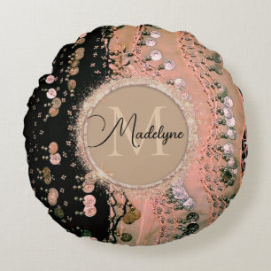 Chic Pink Coral and Black Gypsy Scarf Round Pillow