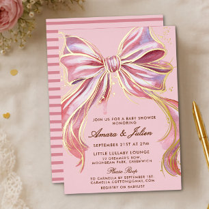 Chic Pink Couture Watercolor Bow Baby Shower  Foil Invitation