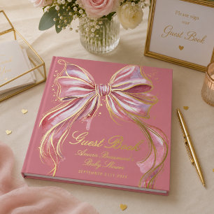 Chic Pink Couture Watercolor Bow Gold Baby Shower Foil Guest Book