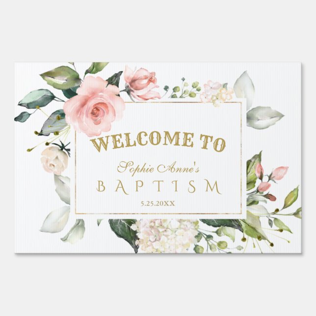 Chic Pink Cream Flowers Gold Baptism Welcome Sign (Front)