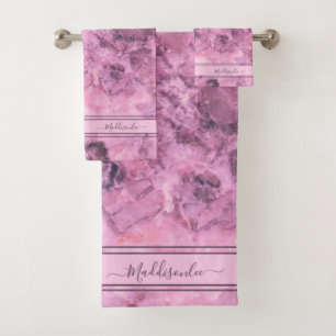 Chic Pink Crystal Monogram Name Marble Agate Bath Towel Set