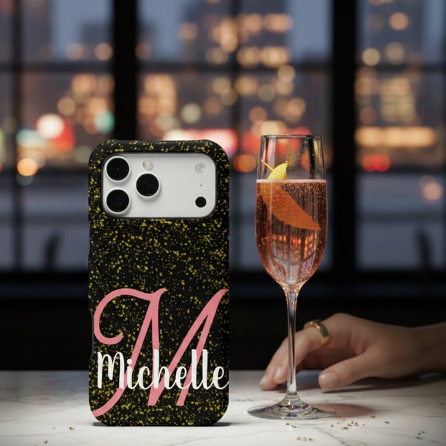 Chic Pink Custom Monogram & Black Gold Glitter Case-Mate iPhone Case (Creator Uploaded)