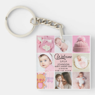 Chic Pink Custom name and baby girl photo collage Keychain