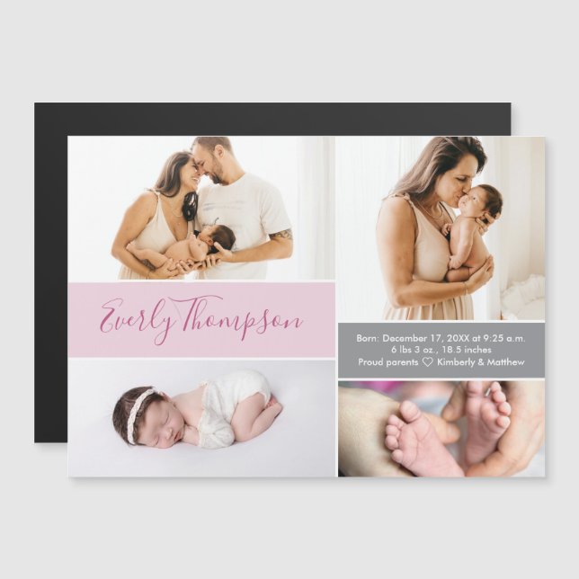 Chic Pink Custom name and baby girl photo collage  Magnetic Invitation (Front/Back)