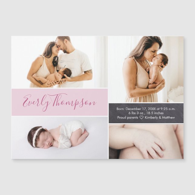 Chic Pink Custom name and baby girl photo collage  Magnetic Invitation (Front)